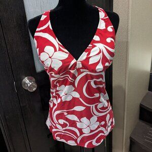 Hapari Red & White Hibiscus Print Halter Tankini Swim Top XL